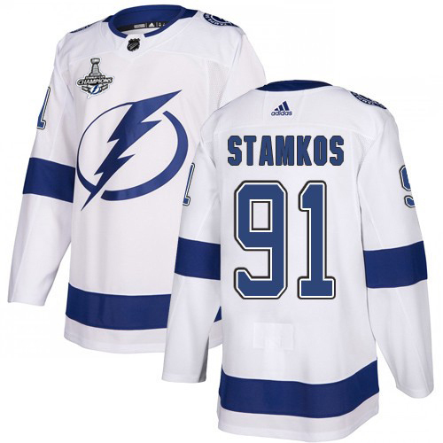 Adidas Tampa Bay Lightning 91 Steven Stamkos White Road Authentic Youth 2020 Stanley Cup Champions Stitched NHL Jersey
